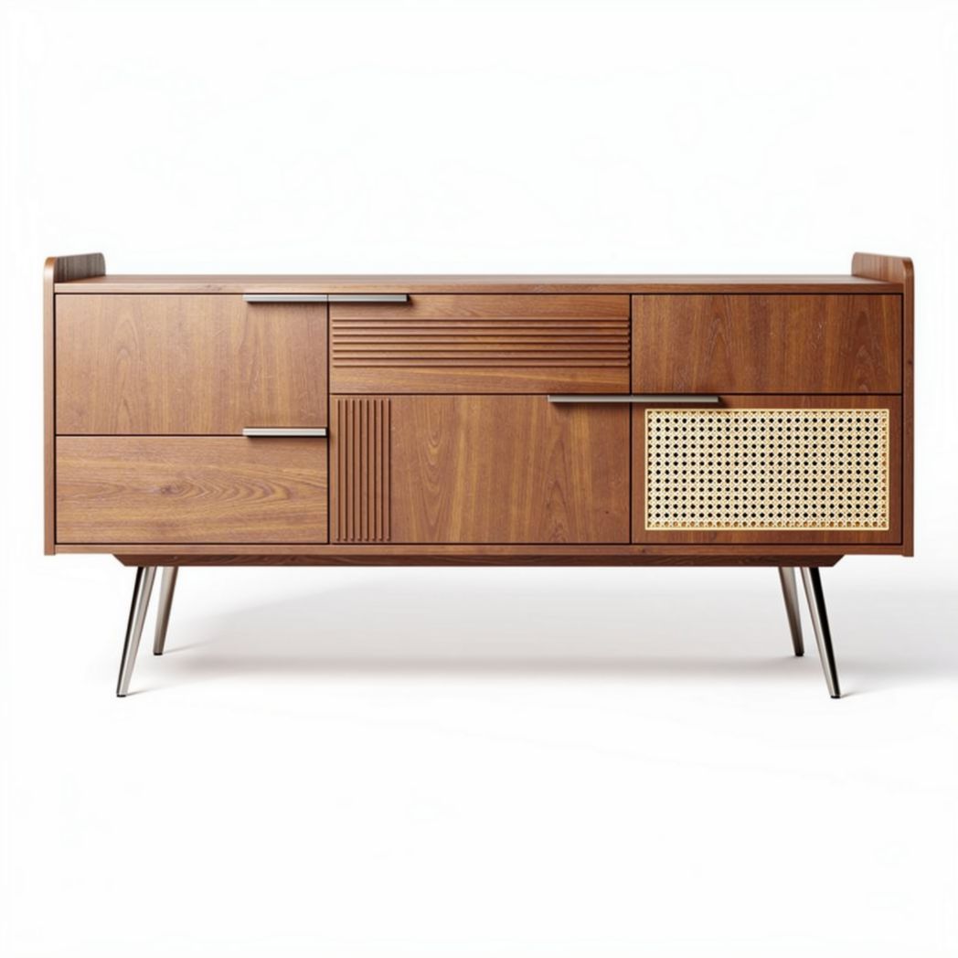 Wooden sideboard with rattan accents and multiple storage drawers 150 x 45 x 70cm