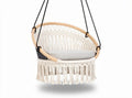 Macrame hanging chair with cushion and wooden frame for indoor outdoor use