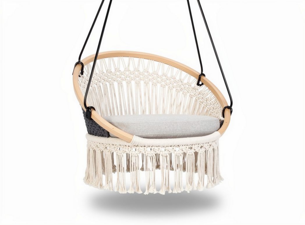 Macrame hanging chair with cushion and wooden frame for indoor outdoor use