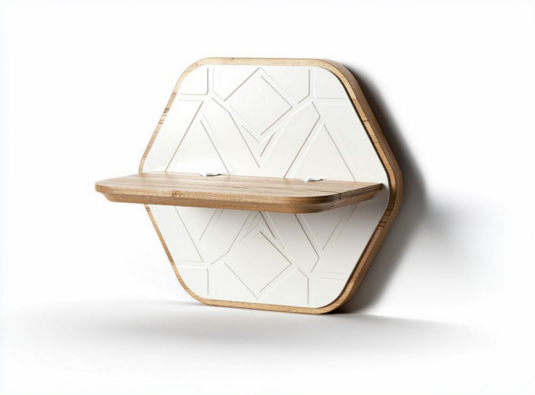 Wood and ceramic hexagonal wall shelf 60 x 35 x 15cm for storage and display