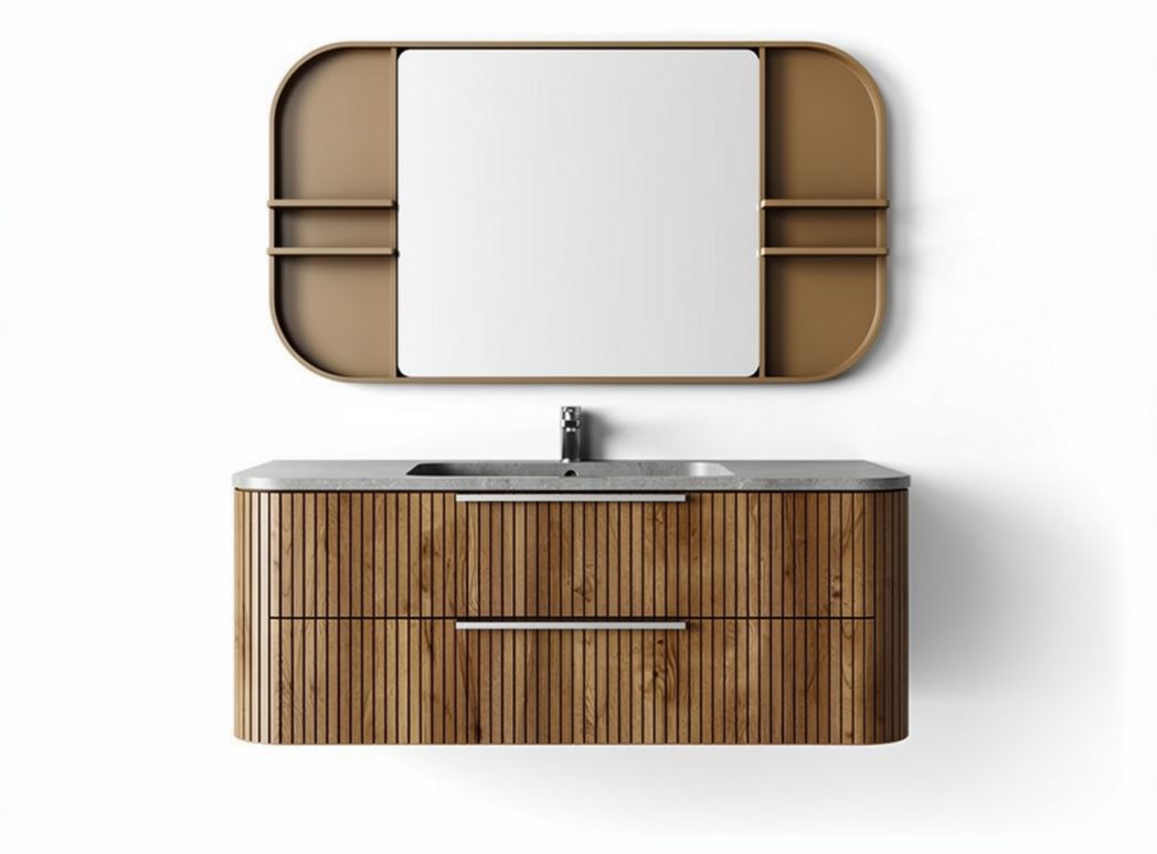 Bamboo bathroom vanity with granite countertop and rectangular mirror 120 x 50 x 75cm