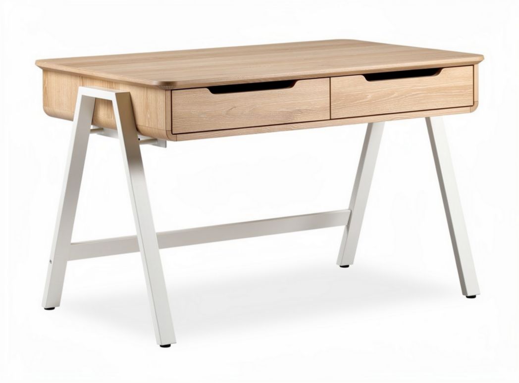 Wooden office desk with two drawers and metal frame in natural finish 120 x 60 x 75cm