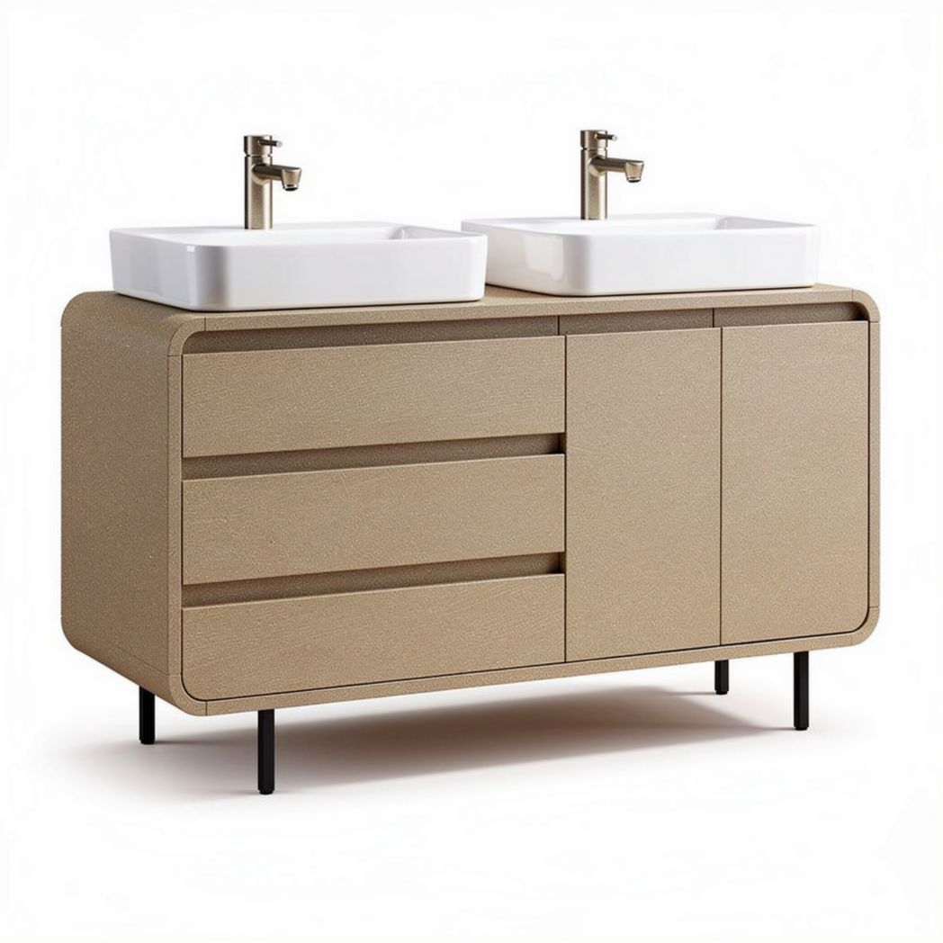 Double sink bathroom vanity with storage in beige finish 150 x 50 x 80cm