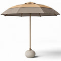 Outdoor patio umbrella with beige canopy and weighted base 300 x 300 x 250cm