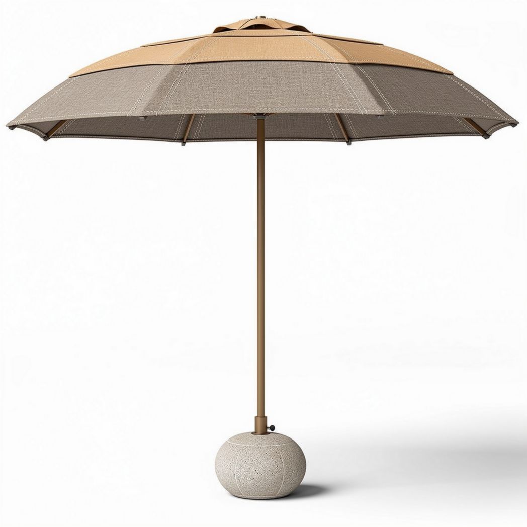 Outdoor patio umbrella with beige canopy and weighted base 300 x 300 x 250cm