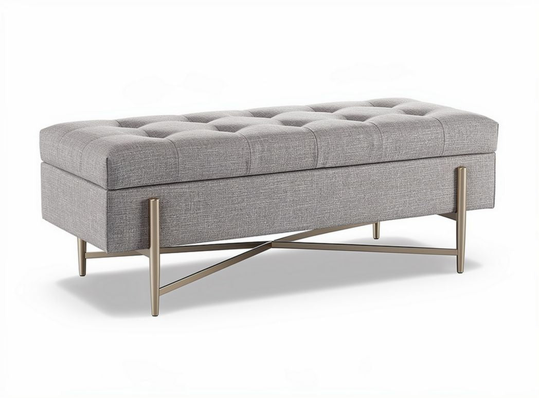 Gray tufted storage bench with metal legs 120 x 45 x 40cm