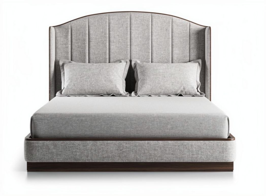 Upholstered bed frame with gray fabric and wooden base 200 x 160 x 100cm