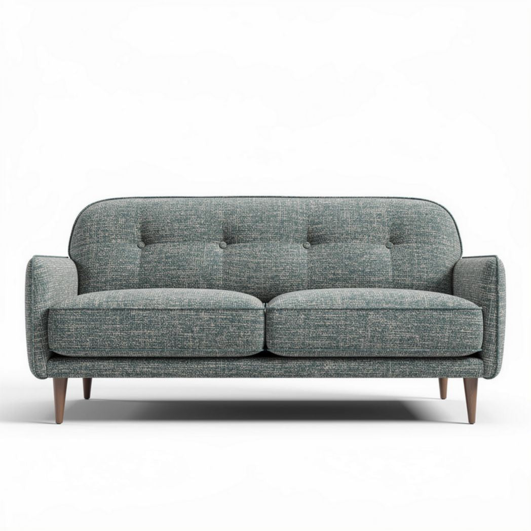 Mid-century modern sofa in textured gray fabric with wooden legs 180 x 85 x 75cm
