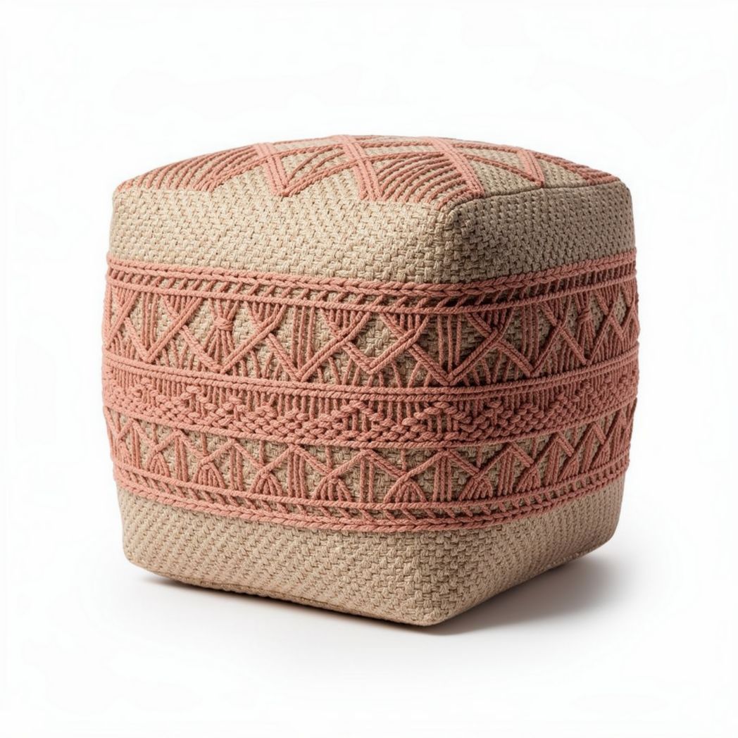 Knit textured pouf in natural color for indoor seating 40 x 40 x 40cm