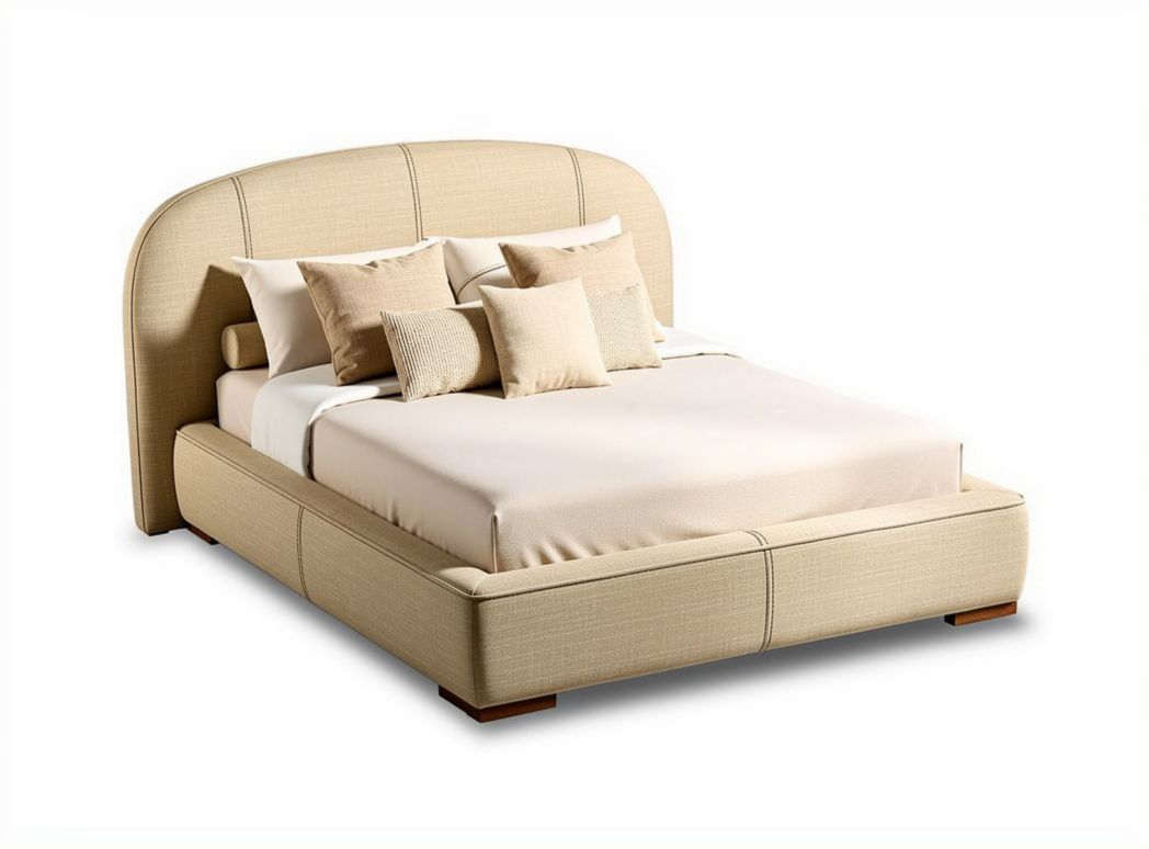 Upholstered bed frame with curved headboard and plush fabric in beige 200 x 160 x 100cm